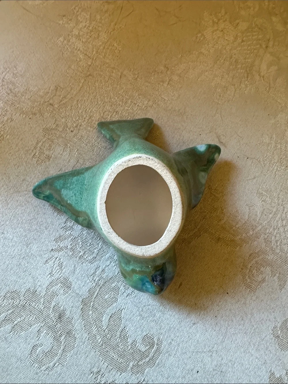 1960s Monterey Jade pottery bird w/green, blue drip glaze